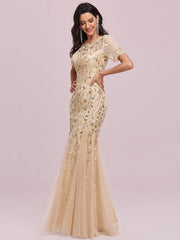 Women's Elegant Illusion Short Sleeve Crew Neck Sequin Embroidery Mermaid Evening Dresses