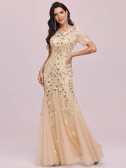Women's Elegant Illusion Short Sleeve Crew Neck Sequin Embroidery Mermaid Evening Dresses