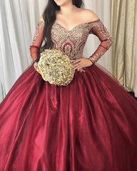 Gold Lace Appliques Long Sleeves Quinceanera Dresses Ball Gowns