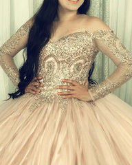 Gold Lace Appliques Long Sleeves Quinceanera Dresses Ball Gowns