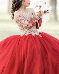 Gold Lace Appliques Long Sleeves Quinceanera Dresses Ball Gowns
