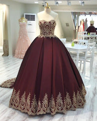 Gold Lace Edge Sweetheart Wine Red Ball Gowns