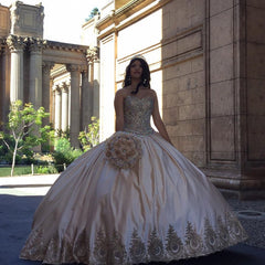 Gold Lace Embroidery Sweetheart Satin Ball Gowns Quinceanera Dresses