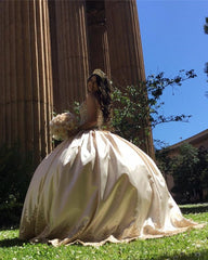 Gold Lace Embroidery Sweetheart Satin Ball Gowns Quinceanera Dresses