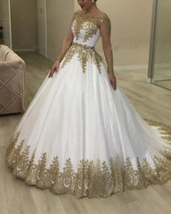 Gold Lace Wedding Dress Long Sleeves Ball Gown
