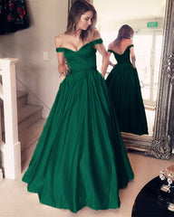 Gold Satin V Neck Long Prom Dresses Ball Gowns Off The Shoulder