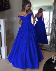 Gold Satin V Neck Long Prom Dresses Ball Gowns Off The Shoulder