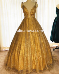 Gold Sequin Ball Gown Plunge Neck Quinceanera Dresses