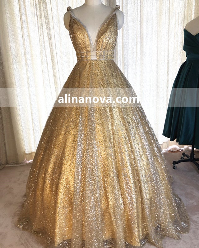 Gold Sequin Ball Gown Plunge Neck Quinceanera Dresses