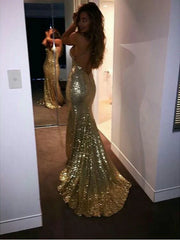 Sparkle Gold Tight Prom Dress Open Back Sequin Mermaid Evening Dresses Long