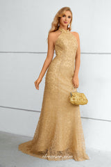 Gold 3D Embroidery Lace Halter Mermaid Elegant Prom Formal Dresses, CP0917