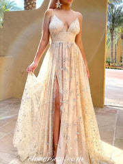 Gold Champagne Star Sequined Tulle A-line With High Slit Prom Dresses, CP0777