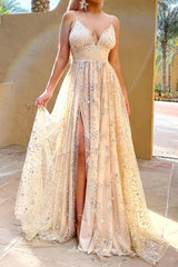 Gold Champagne Star Sequined Tulle A-line With High Slit Prom Dresses, CP0777