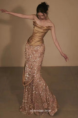 Shiny Gold Satin And Sequin Strapless Mermaid Sparkly Prom Dresses, CP1049