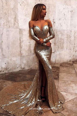 Gold Sequin Mermaid Sweep Train Long Sleeves Sparkly Prom Dresses, CP0964