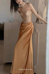 Gold Shiny Satin Strapless Mermaid Elegant Prom Dresses, CP1050