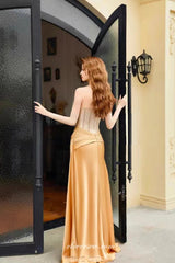 Gold Shiny Satin Strapless Mermaid Elegant Prom Dresses, CP1050