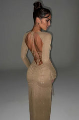 Backless Premium sparkle mesh fabric sleeves that flare gently at sleeve Front fork long Prom Dress