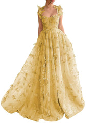 Long Tulle Prom Dress with 3D Butterflies Floor Length Formal Evening Party Gowns for Women Lace Applique