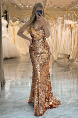 Golden Mermaid Spaghetti Straps Sparkly Sequin Prom Dress With Slit Sexy