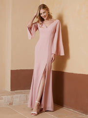 V-neck Sheath Column Chiffon Dress With Slit Dusty Rose