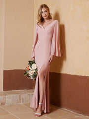 V-neck Sheath Column Chiffon Dress With Slit Dusty Rose