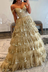 Wholesale Sparkly Gorgeous A-Line Off The Shoulder Long Prom Dress with Sequin Appliques long prom dresses with sleeves