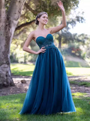 Gorgeous A-line sheer and heart-shaped neckline sleeveless tight corset with lace decals and beaded lace up back Prom Dresses