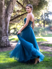 Gorgeous A-line sheer and heart-shaped neckline sleeveless tight corset with lace decals and beaded lace up back Prom Dresses