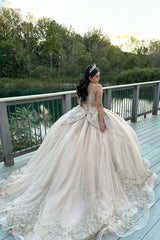 Gorgeous Ball Gown Sequined Lace Pear Pink Prom Dress TP1350
