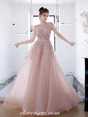 Gorgeous Beading Applique Pink Tulle Cap Sleeves A-line Prom Dresses,CP0975