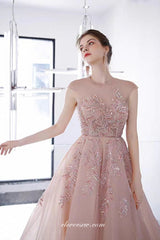 Gorgeous Beading Applique Pink Tulle Cap Sleeves A-line Prom Dresses,CP0975