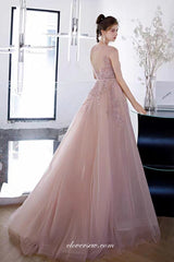 Gorgeous Beading Applique Pink Tulle Cap Sleeves A-line Prom Dresses,CP0975