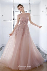 Gorgeous Beading Applique Pink Tulle Cap Sleeves A-line Prom Dresses,CP0975