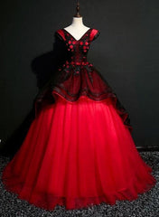 Gorgeous Black and Red Embroidery Quinceanera Dresses, Lace Applique Tulle Gowns