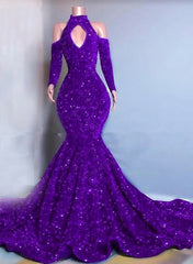 Gorgeous High Neck Long Sleeve Royal Blue Prom Dresses Sequins Party Dress