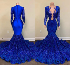 Gorgeous Mermaid Royal Blue Prom Dresses 2024 Long Sleeve Sequin Formal Gala Gowns