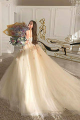 Gorgeous Off Shoulder Champagne Lace Floral Prom Dress, Long 3D Flower Champagne Formal Evening Dress, Champagne Ball Gown
