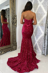 Gorgeous Strapless Mermaid Burgundy Sequins Long Prom Dress with Train, Mermaid Maroon Sequins Formal Evening Dress A2027