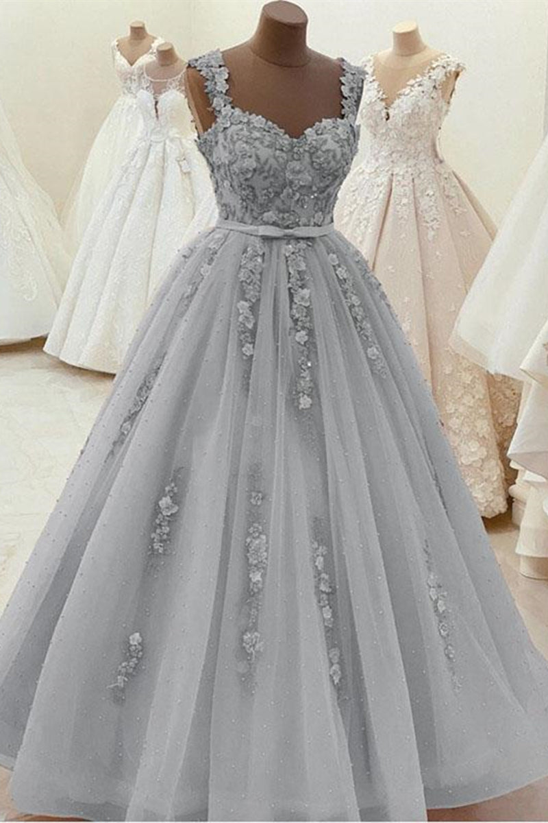 Gorgeous Sweetheart Neck Beaded Gray Floral Lace Prom Dress, Grey Floral Lace Formal Dress, Gray Evening Dress