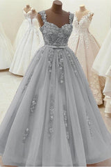 Gorgeous Sweetheart Neck Beaded Gray Floral Lace Prom Dress, Grey Floral Lace Formal Dress, Gray Evening Dress