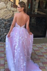 Gorgeous V Neck Backless White Lace Floral Lilac Long Prom Dress, Lilac Lace Formal Evening Dress, Lilac Floral Wedding Dress
