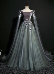 Gorgeous Velvet and Tulle Sweet 16 Gown with Flowers, Long Formal Dress Party Dresses