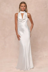 Gorgeous White Satin Mock Neck Cowl Mermaid Backless Wedding Gown With Train