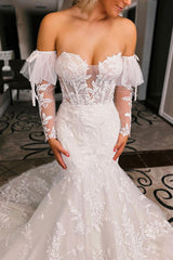 Gorgeous White Tulle Lace Wedding Dresses Mermaid Sweetheart Sleeves