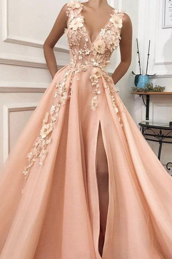 Gorgeous A-line V-neck Tulle Prom Dresses Evening Dress with Flower TP0843