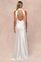 Gorgeous White Satin Mock Neck Cowl Mermaid Backless Wedding Gown With Train