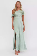 Gorgeous asymmetrical shoulder design with pleated details, side zipper, and side slit Prom Dresses