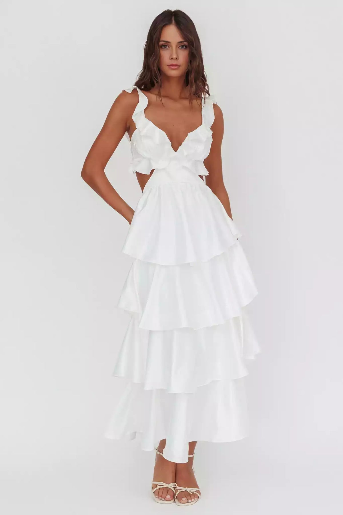 Gorgeous layered ruffle edge lining with hollow waist design and back strap Prom Dresses