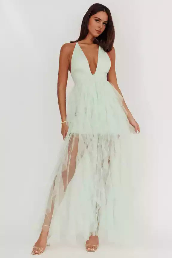 Gorgeous lining with layered ruffle edges, backless lace up, back with zipper Prom Dresses